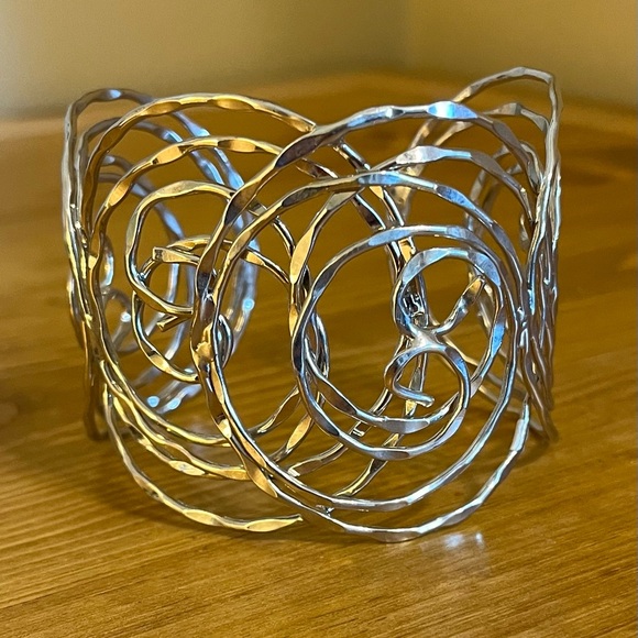 None Jewelry - Silver tone hammered swirl statement cuff with open back 7”